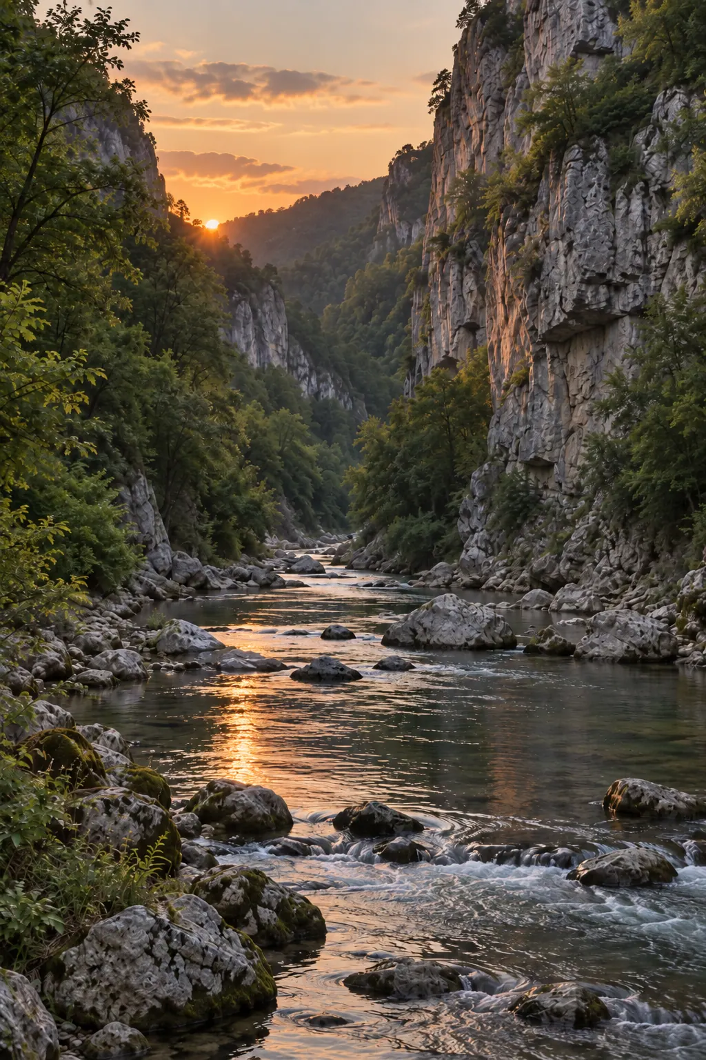 Reka kroz kanjon Jerme pri zalasku sunca